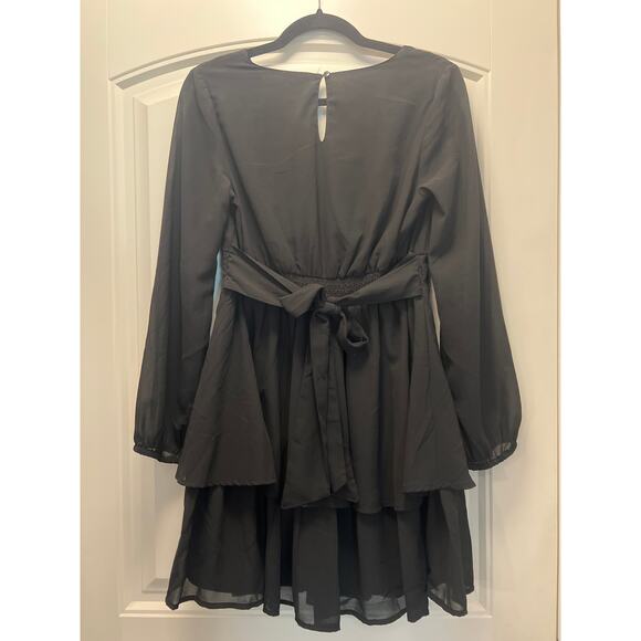 NWOT Japna Women’s V-Neck Long Sleeve Tie-Waist Tiered Ruffle Dress Size M Black - Picture 3 of 3